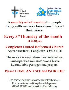 Dementia Friendly Service at United Reformed Church, 3rd Thursday of every month