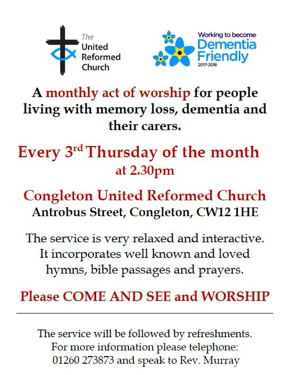 Dementia Friendly Service at United Reformed Church, 3rd Thursday of every month